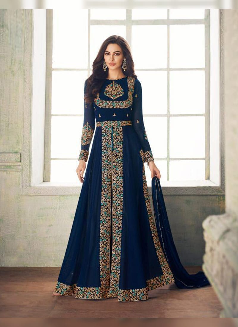 Indian Salwar Suit Kameez, Blue Net Suit, Designer Open Front Slit Cut  Suit, Embroidered Suit, Heavy Designer Suit, Bridal Suit