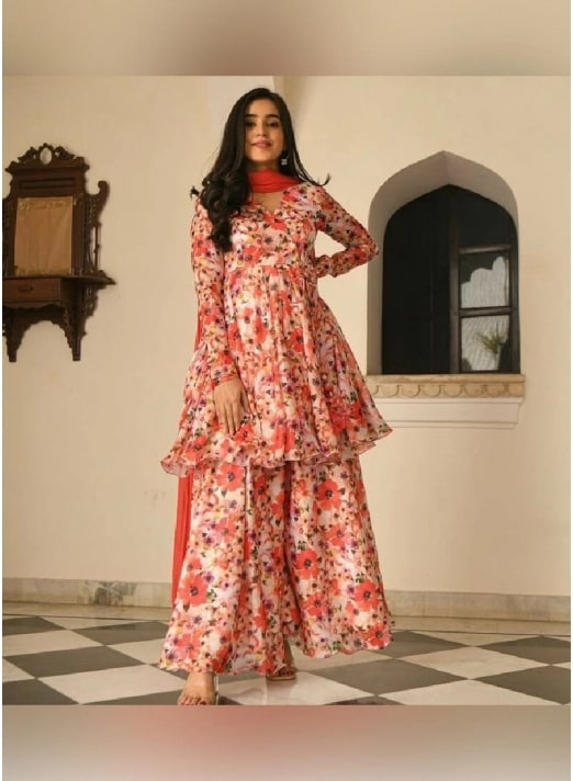 Palazzo Bottoms Teamed Up With Floral Printed Kurta